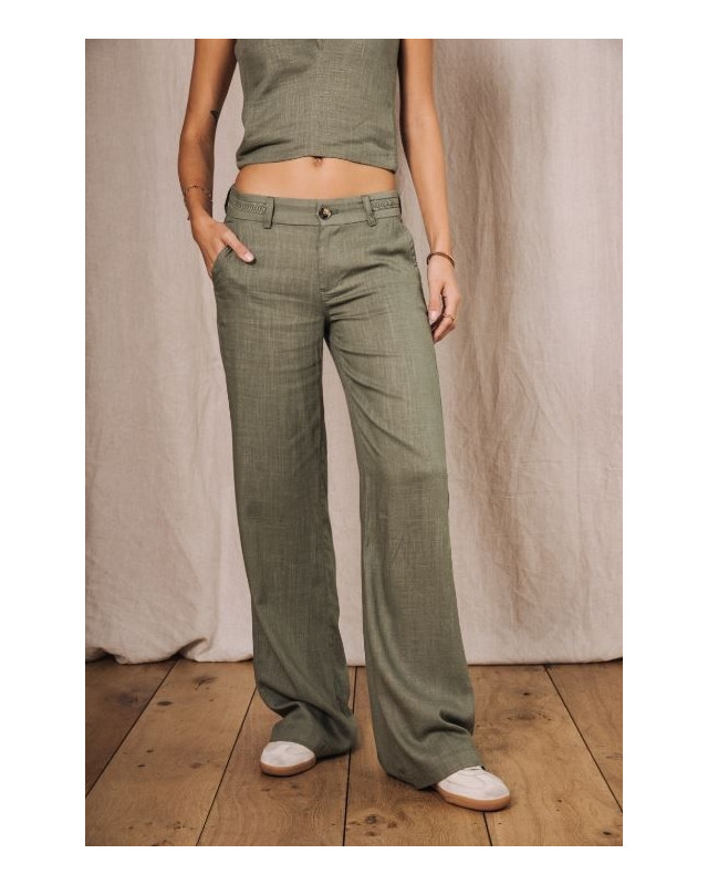 Pantalon large Agatha Plain Linen FREEMAN f839 deep lichen green