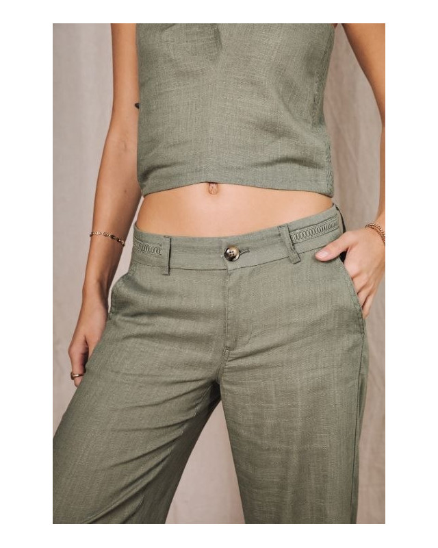 Pantalon large Agatha Plain Linen FREEMAN f839 deep lichen green