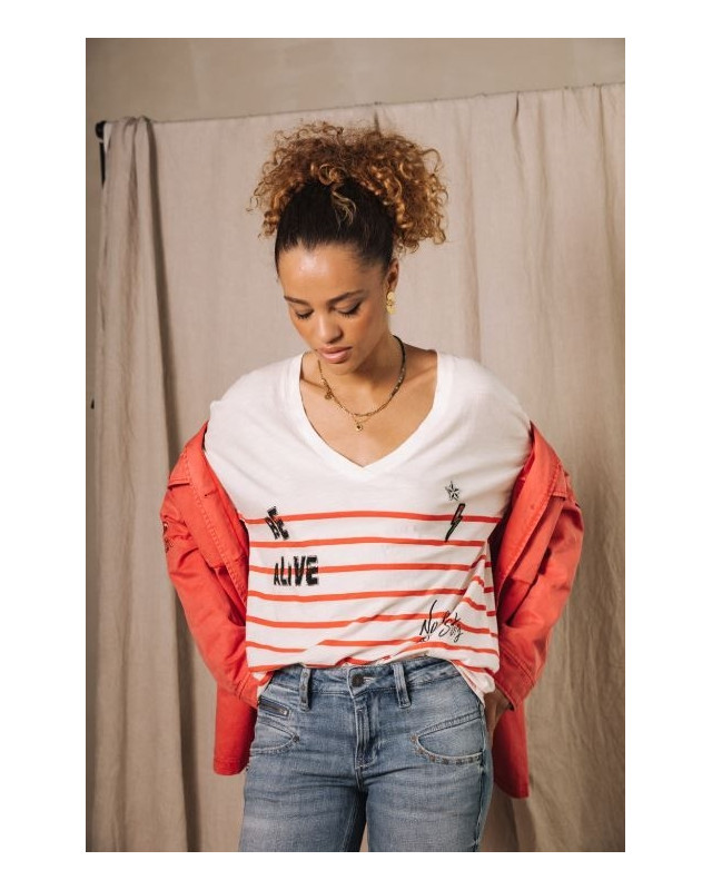 T-shirt col V Tema Stripes Be Alive FREEMAN f126 cherry tomato