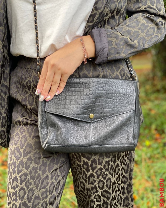 Sac bandoulière Pcsienna PIECES black croco embossed